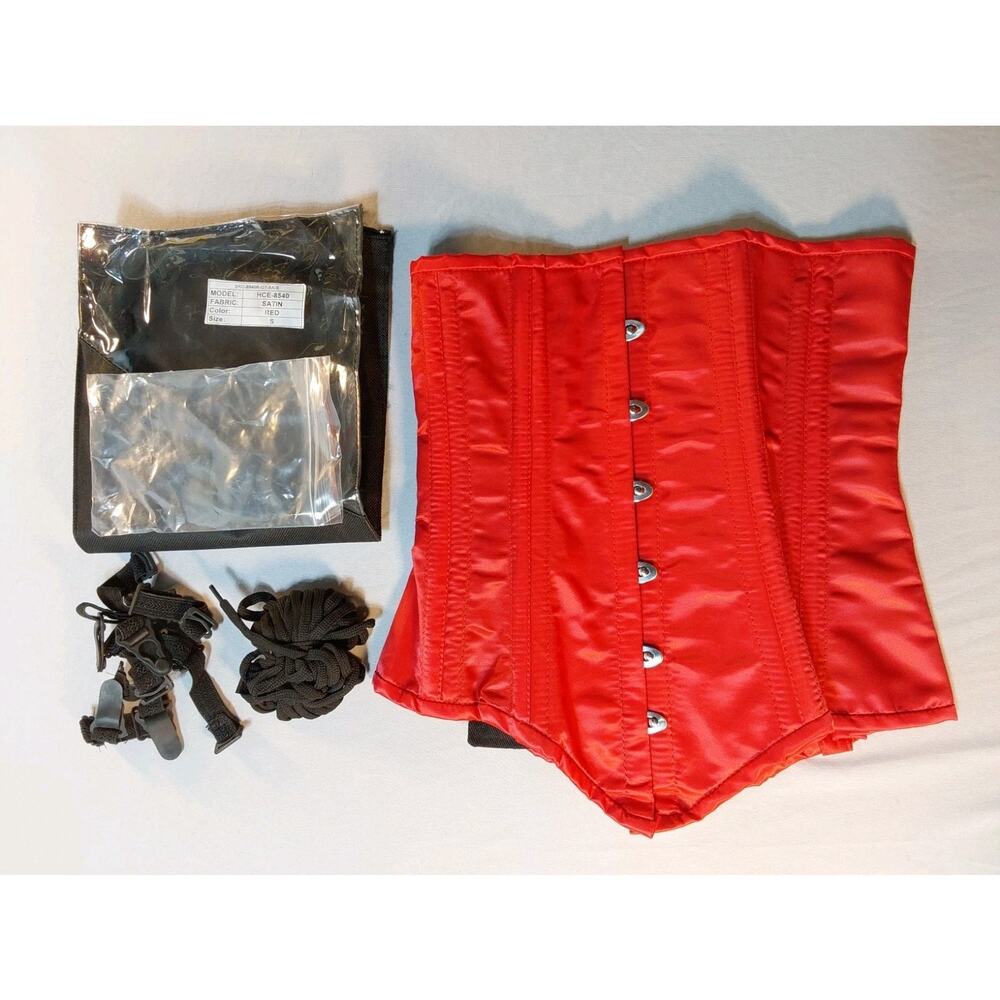 Small Red Satin Underbust Corset Boned, Laced, With Straps #G76